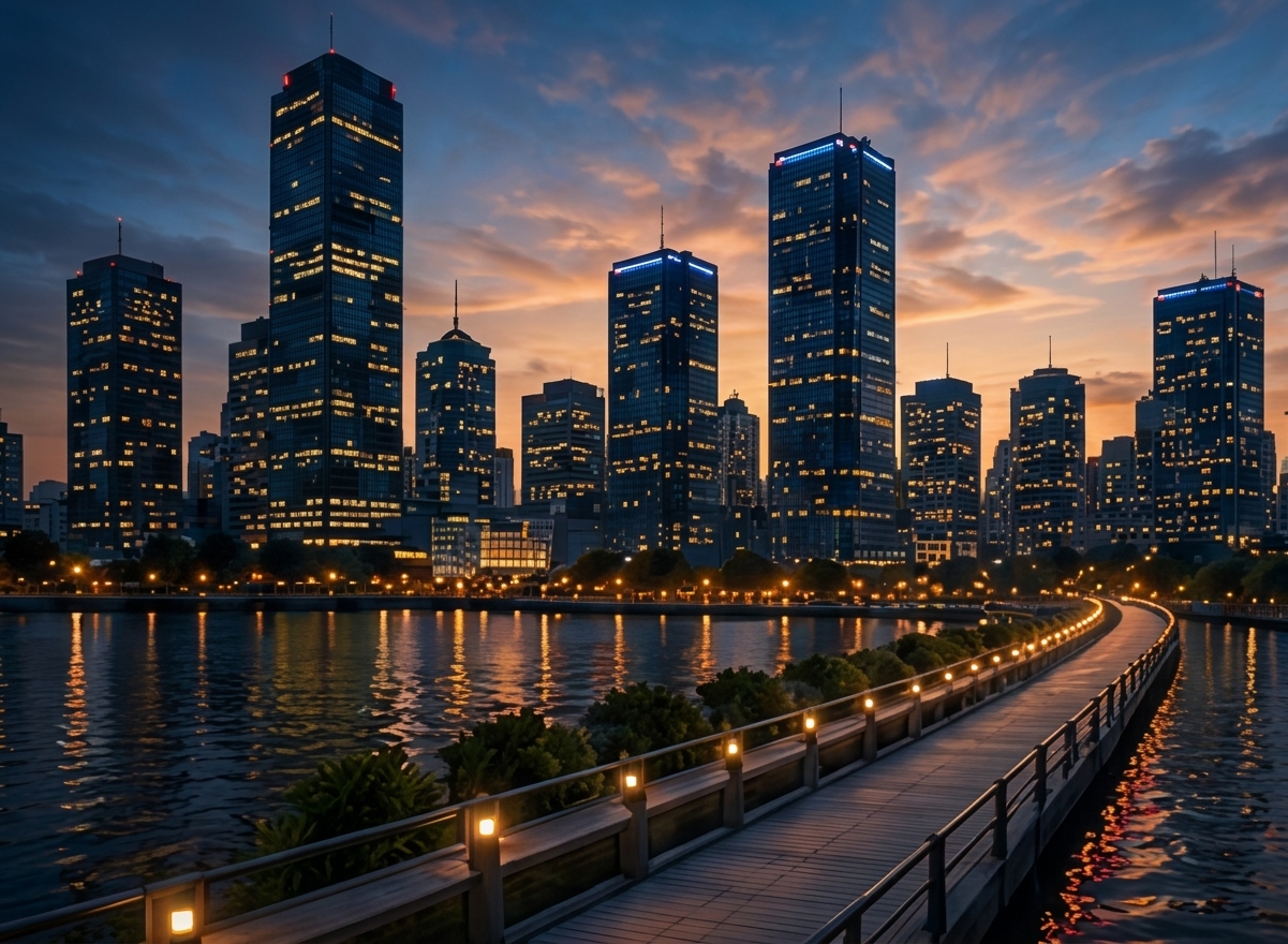 City skyline at dusk representing global reach